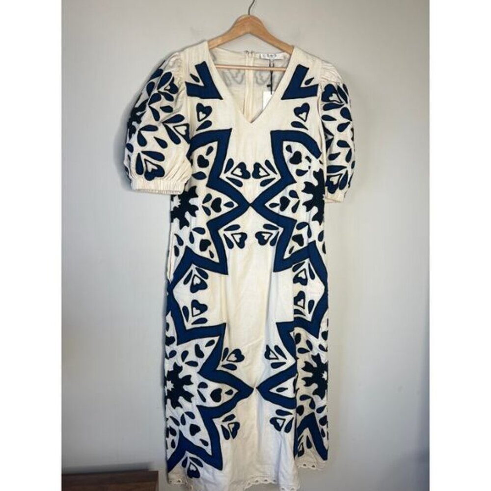 NWT Sea Kaia Kaleidoscope-Appliqué Puff Sleeve Midi Dress White Size: Small - Picture 2 of 8